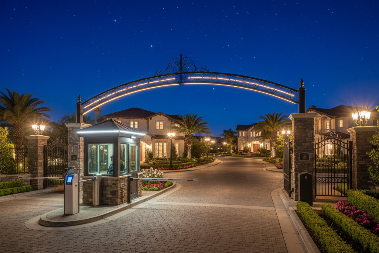 a gated community at nighttime